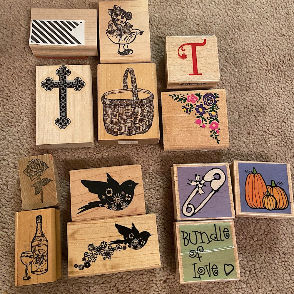 Lot of 13 Wooden Unused Assorted Rubber Stampers for crafting